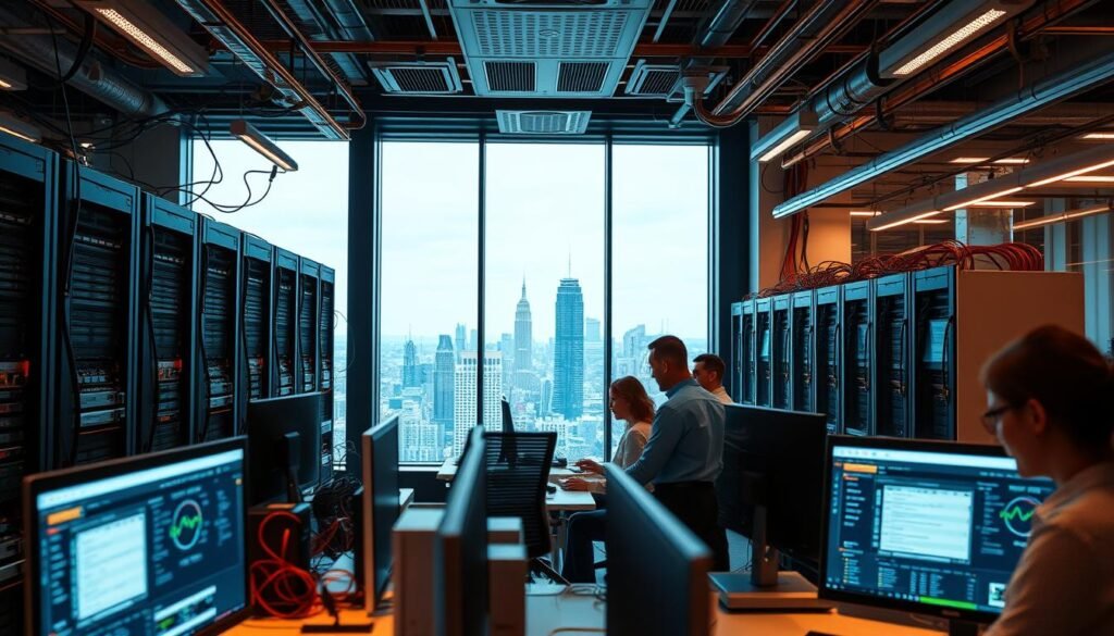 A sleek, modern office space filled with cutting-edge technology. In the foreground, a team of professionals collaborating on custom IT solutions, their faces illuminated by the glow of computer screens. The middle ground showcases an array of servers, cables, and equipment, reflecting the complexity and sophistication of the systems they design. In the background, large windows offer a panoramic view of a bustling cityscape, symbolizing the global reach and impact of the custom IT solutions being developed. The lighting is warm and inviting, creating a sense of productivity and innovation. The overall atmosphere conveys a sense of trust, reliability, and expertise in delivering tailored technology services. A sleek, modern office space filled with cutting-edge technology. In the foreground, a team of professionals collaborating on custom IT solutions, their faces illuminated by the glow of computer screens. The middle ground showcases an array of servers, cables, and equipment, reflecting the complexity and sophistication of the systems they design. In the background, large windows offer a panoramic view of a bustling cityscape, symbolizing the global reach and impact of the custom IT solutions being developed. The lighting is warm and inviting, creating a sense of productivity and innovation. The overall atmosphere conveys a sense of trust, reliability, and expertise in delivering tailored technology services.
