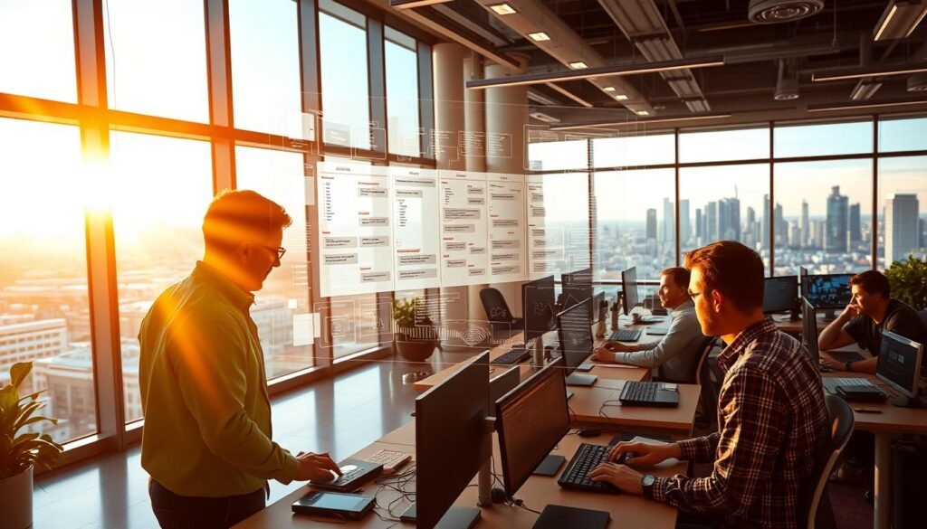 A sleek, modern office space, flooded with warm natural light streaming through large windows. In the foreground, a group of software engineers collaborating intently around a holographic display, visualizing an intricate Agile software development workflow. Vibrant, interactive Kanban boards and Scrum dashboards adorn the walls, showcasing the seamless integration of Agile methodologies. The middle ground features programmers typing furiously on their ergonomic workstations, their faces illuminated by the glow of multiple high-resolution monitors. In the background, a panoramic view of a bustling city skyline, symbolizing the rapid, iterative nature of Agile software solutions. A sleek, modern office space, flooded with warm natural light streaming through large windows. In the foreground, a group of software engineers collaborating intently around a holographic display, visualizing an intricate Agile software development workflow. Vibrant, interactive Kanban boards and Scrum dashboards adorn the walls, showcasing the seamless integration of Agile methodologies. The middle ground features programmers typing furiously on their ergonomic workstations, their faces illuminated by the glow of multiple high-resolution monitors. In the background, a panoramic view of a bustling city skyline, symbolizing the rapid, iterative nature of Agile software solutions.