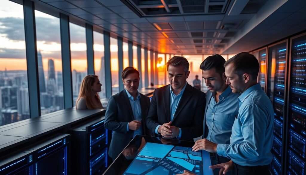 A sleek, modern office space showcasing the latest IT solutions. In the foreground, a group of professionals collaborating around a large touchscreen display, their expressions focused and determined. In the middle ground, rows of sleek server racks and networking equipment, illuminated by cool blue lighting. The background features floor-to-ceiling windows overlooking a bustling city skyline, bathed in the warm glow of the setting sun. The overall atmosphere conveys a sense of technological prowess, efficiency, and a commitment to delivering reliable, cutting-edge IT services. A sleek, modern office space showcasing the latest IT solutions. In the foreground, a group of professionals collaborating around a large touchscreen display, their expressions focused and determined. In the middle ground, rows of sleek server racks and networking equipment, illuminated by cool blue lighting. The background features floor-to-ceiling windows overlooking a bustling city skyline, bathed in the warm glow of the setting sun. The overall atmosphere conveys a sense of technological prowess, efficiency, and a commitment to delivering reliable, cutting-edge IT services.