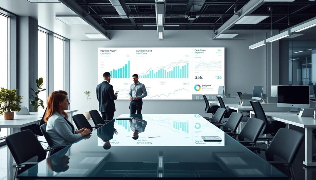 A sleek, modern office space with a focus on cost-efficiency and resource optimization. In the foreground, a group of business professionals collaborate around a glass conference table, discussing strategies and metrics. Soft, indirect lighting creates an atmosphere of thoughtful productivity. In the middle ground, a large digital dashboard displays real-time data analytics, offering insights into resource utilization and cost control. The background features minimalist, ergonomic workstations, each equipped with the latest technology to enable remote and hybrid work models. An overall tone of streamlined, data-driven decision making permeates the scene. A sleek, modern office space with a focus on cost-efficiency and resource optimization. In the foreground, a group of business professionals collaborate around a glass conference table, discussing strategies and metrics. Soft, indirect lighting creates an atmosphere of thoughtful productivity. In the middle ground, a large digital dashboard displays real-time data analytics, offering insights into resource utilization and cost control. The background features minimalist, ergonomic workstations, each equipped with the latest technology to enable remote and hybrid work models. An overall tone of streamlined, data-driven decision making permeates the scene.