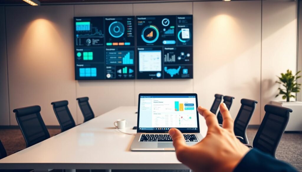 A sleek, modern office space, with a large desk and ergonomic chairs. On the desk, a laptop is open, displaying interconnected software applications. The background features a wall-mounted display showcasing various data visualizations and real-time system integrations. Diffused, soft lighting casts a warm glow, creating a professional and productive atmosphere. In the foreground, a hand gestures towards the laptop, highlighting the seamless integration between disparate systems. The overall scene conveys efficiency, collaboration, and the synergy of a well-integrated software solution. A sleek, modern office space, with a large desk and ergonomic chairs. On the desk, a laptop is open, displaying interconnected software applications. The background features a wall-mounted display showcasing various data visualizations and real-time system integrations. Diffused, soft lighting casts a warm glow, creating a professional and productive atmosphere. In the foreground, a hand gestures towards the laptop, highlighting the seamless integration between disparate systems. The overall scene conveys efficiency, collaboration, and the synergy of a well-integrated software solution.