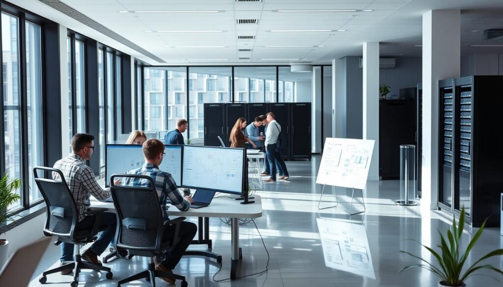 A sleek, modern office space with large windows, bright natural lighting, and clean lines. In the foreground, a group of software developers collaborating around a custom-built workstation, discussing plans and sketching ideas on a digital whiteboard. In the middle ground, a team of designers refining the user interface, fine-tuning every detail. In the background, a server rack hums quietly, representing the powerful and scalable infrastructure powering the bespoke software solution. The overall atmosphere conveys the efficiency, flexibility, and tailored experience of a custom development approach, meeting the unique needs of the client. A sleek, modern office space with large windows, bright natural lighting, and clean lines. In the foreground, a group of software developers collaborating around a custom-built workstation, discussing plans and sketching ideas on a digital whiteboard. In the middle ground, a team of designers refining the user interface, fine-tuning every detail. In the background, a server rack hums quietly, representing the powerful and scalable infrastructure powering the bespoke software solution. The overall atmosphere conveys the efficiency, flexibility, and tailored experience of a custom development approach, meeting the unique needs of the client.