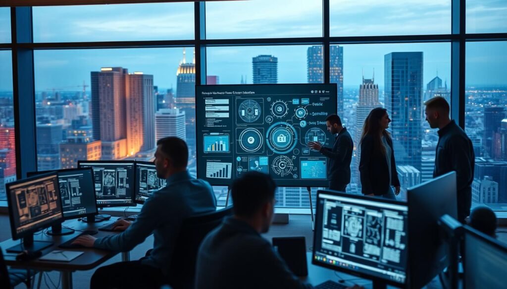 A sleek, modern office with floor-to-ceiling windows overlooking a bustling city skyline. In the foreground, a team of software engineers, each deeply engrossed in their bespoke development projects, their faces illuminated by the glow of their computer screens. The middle ground features a large, touch-screen display showcasing intricate software architectures and custom-tailored solutions. In the background, a sense of energy and collaboration, with colleagues discussing ideas and refining their work. Warm, directional lighting casts a soft, professional glow, emphasizing the precision and attention to detail that defines the custom IT development process. A sleek, modern office with floor-to-ceiling windows overlooking a bustling city skyline. In the foreground, a team of software engineers, each deeply engrossed in their bespoke development projects, their faces illuminated by the glow of their computer screens. The middle ground features a large, touch-screen display showcasing intricate software architectures and custom-tailored solutions. In the background, a sense of energy and collaboration, with colleagues discussing ideas and refining their work. Warm, directional lighting casts a soft, professional glow, emphasizing the precision and attention to detail that defines the custom IT development process.