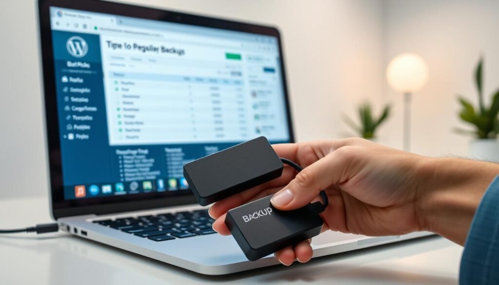 A sleek, modern office workspace with a laptop displaying a WordPress dashboard. In the foreground, a hand holds a backup drive connected to the laptop, emphasizing the importance of regular backups. The middle ground features neatly organized backup files and folders, conveying a sense of organization and control. The background showcases a minimalist, well-lit environment with clean lines and a serene atmosphere, creating a professional and trustworthy setting. The lighting is soft and diffused, highlighting the focal points while maintaining a balanced, non-distracting ambiance. The overall scene conveys the essence of reliable WordPress backups as a crucial security measure.