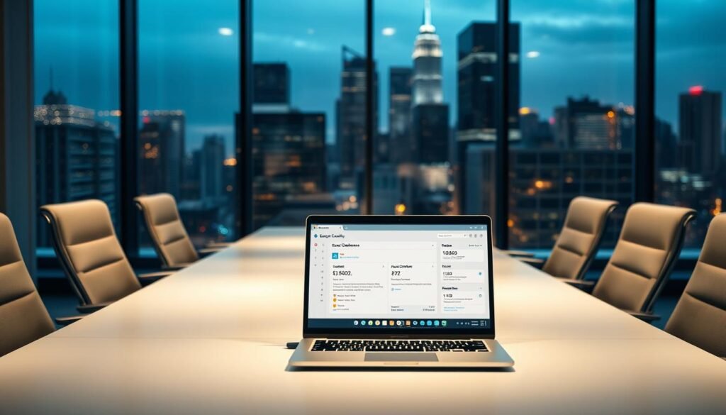 A sleek, modern office workspace with a large desk and ergonomic chairs. In the foreground, a laptop displays a dashboard with security compliance metrics and automation workflows. Soft, directional lighting illuminates the scene, creating a professional, yet inviting atmosphere. In the background, a floor-to-ceiling window overlooks a bustling cityscape, symbolizing the integration of security and compliance into the DevOps ecosystem. The overall mood is one of efficiency, technology, and a commitment to robust cybersecurity practices. A sleek, modern office workspace with a large desk and ergonomic chairs. In the foreground, a laptop displays a dashboard with security compliance metrics and automation workflows. Soft, directional lighting illuminates the scene, creating a professional, yet inviting atmosphere. In the background, a floor-to-ceiling window overlooks a bustling cityscape, symbolizing the integration of security and compliance into the DevOps ecosystem. The overall mood is one of efficiency, technology, and a commitment to robust cybersecurity practices.