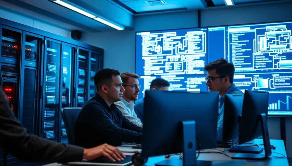 A sleek, modern office workspace with a team of IT professionals collaborating on a complex software project. The foreground features a group of software engineers intently focused on their computer screens, their expressions intense and determined. The middle ground showcases a state-of-the-art server rack, blinking with indicator lights, symbolizing the powerful technology powering the development process. In the background, a large display screen projects intricate code snippets and architectural diagrams, illuminating the room with a soft, blue glow. The overall scene conveys a sense of innovation, productivity, and the critical role IT development services play in driving digital transformation for businesses. A sleek, modern office workspace with a team of IT professionals collaborating on a complex software project. The foreground features a group of software engineers intently focused on their computer screens, their expressions intense and determined. The middle ground showcases a state-of-the-art server rack, blinking with indicator lights, symbolizing the powerful technology powering the development process. In the background, a large display screen projects intricate code snippets and architectural diagrams, illuminating the room with a soft, blue glow. The overall scene conveys a sense of innovation, productivity, and the critical role IT development services play in driving digital transformation for businesses.