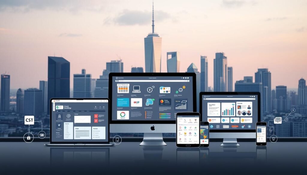 A sleek, modern web application interface showcasing a variety of business software tools. In the foreground, crisp icons and intuitive UI elements for invoicing, project management, CRM, and e-commerce functionality. The middle ground features responsive, mobile-friendly layouts across desktop, tablet, and smartphone viewports. In the background, a cityscape with towering skyscrapers bathed in soft, diffused lighting, symbolizing the power and connectivity of enterprise-level web applications. The overall mood is one of efficiency, productivity, and technological sophistication befitting a thriving digital business ecosystem. A sleek, modern web application interface showcasing a variety of business software tools. In the foreground, crisp icons and intuitive UI elements for invoicing, project management, CRM, and e-commerce functionality. The middle ground features responsive, mobile-friendly layouts across desktop, tablet, and smartphone viewports. In the background, a cityscape with towering skyscrapers bathed in soft, diffused lighting, symbolizing the power and connectivity of enterprise-level web applications. The overall mood is one of efficiency, productivity, and technological sophistication befitting a thriving digital business ecosystem.