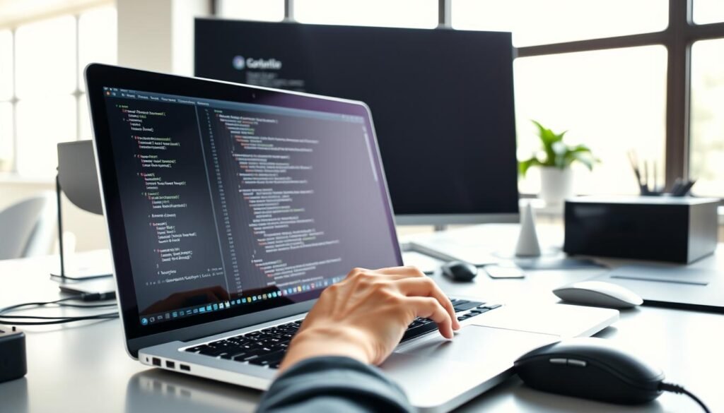 A sleek, modern website development workspace. In the foreground, a developer's hands type code on a gleaming silver laptop, the screen reflecting the focused gaze of the user. The middle ground features various tech devices - a high-resolution monitor, a stylish mouse, and a minimalist desk organizer. The background showcases a minimalist, well-lit office space with large windows, allowing natural light to pour in and creating a bright, professional ambiance. The overall mood is one of efficiency, innovation, and a commitment to elevating the client's online presence through expertly crafted digital solutions. A sleek, modern website development workspace. In the foreground, a developer's hands type code on a gleaming silver laptop, the screen reflecting the focused gaze of the user. The middle ground features various tech devices - a high-resolution monitor, a stylish mouse, and a minimalist desk organizer. The background showcases a minimalist, well-lit office space with large windows, allowing natural light to pour in and creating a bright, professional ambiance. The overall mood is one of efficiency, innovation, and a commitment to elevating the client's online presence through expertly crafted digital solutions.