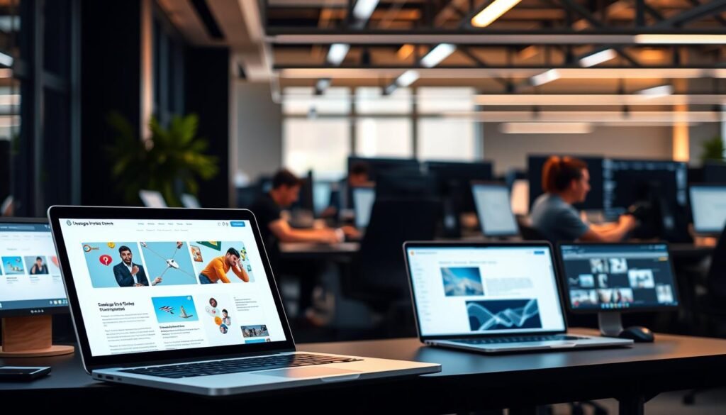 A sleek, modern website with a clean, minimalist design dominates the foreground, showcasing a series of customizable elements like fluid layouts, interactive menus, and personalized color schemes. In the middle ground, a team of web developers collaborates, coding intricate features and optimizing the site for seamless user experiences. The background depicts a bustling office environment, with high-end workstations and an atmosphere of focused creativity. Warm, diffused lighting casts a professional, polished ambiance, while a subtle depth of field emphasizes the attention to detail and craftsmanship involved in the custom web development process. A sleek, modern website with a clean, minimalist design dominates the foreground, showcasing a series of customizable elements like fluid layouts, interactive menus, and personalized color schemes. In the middle ground, a team of web developers collaborates, coding intricate features and optimizing the site for seamless user experiences. The background depicts a bustling office environment, with high-end workstations and an atmosphere of focused creativity. Warm, diffused lighting casts a professional, polished ambiance, while a subtle depth of field emphasizes the attention to detail and craftsmanship involved in the custom web development process.