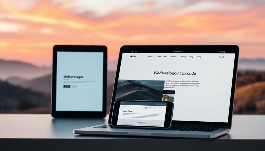 A sleek, responsive web design with a minimalist aesthetic. A laptop display in the foreground showcases a clean, mobile-friendly interface with intuitive navigation and interactive elements. In the middle ground, a tablet and smartphone devices demonstrate seamless cross-platform functionality. The background features a serene landscape of rolling hills and a vibrant sky, creating a calming and professional atmosphere. Warm, directional lighting illuminates the scene, highlighting the smooth lines and subtle textures of the devices. The overall composition conveys the benefits of professional web development services, including enhanced user experience, cross-device optimization, and a visually appealing, modern design. A sleek, responsive web design with a minimalist aesthetic. A laptop display in the foreground showcases a clean, mobile-friendly interface with intuitive navigation and interactive elements. In the middle ground, a tablet and smartphone devices demonstrate seamless cross-platform functionality. The background features a serene landscape of rolling hills and a vibrant sky, creating a calming and professional atmosphere. Warm, directional lighting illuminates the scene, highlighting the smooth lines and subtle textures of the devices. The overall composition conveys the benefits of professional web development services, including enhanced user experience, cross-device optimization, and a visually appealing, modern design.