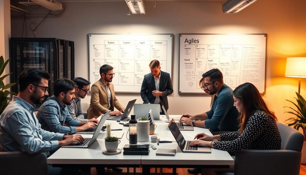 A software development team collaborating in a well-lit open office, with a large whiteboard displaying a Kanban board and Agile workflow. Developers typing furiously on their laptops, designers sketching wireframes, and a project manager overseeing the process. In the background, a sleek server rack hums, symbolizing the technical infrastructure powering the development. Warm lighting casts a focused, productive atmosphere, while the team's faces reflect a sense of concentration and problem-solving. Elegant, minimal furniture and decor create a modern, professional setting conducive to the IT development process. A software development team collaborating in a well-lit open office, with a large whiteboard displaying a Kanban board and Agile workflow. Developers typing furiously on their laptops, designers sketching wireframes, and a project manager overseeing the process. In the background, a sleek server rack hums, symbolizing the technical infrastructure powering the development. Warm lighting casts a focused, productive atmosphere, while the team's faces reflect a sense of concentration and problem-solving. Elegant, minimal furniture and decor create a modern, professional setting conducive to the IT development process.