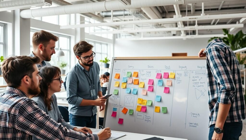 A software development team collaborating in an agile environment, working on a dynamic web application. In the foreground, developers huddle around a whiteboard, sketching out user stories and iterating on wireframes. Overhead, a scrum master facilitates the meeting, guiding the process. In the middle ground, a Kanban board displays the project's progress, with colorful sticky notes representing tasks in various stages of completion. The background depicts a modern, open-plan office space, filled with natural light and minimalist decor, creating a vibrant, productive atmosphere. Render this scene with a crisp, documentary-style photographic aesthetic, using a wide-angle lens to capture the holistic workflow. A software development team collaborating in an agile environment, working on a dynamic web application. In the foreground, developers huddle around a whiteboard, sketching out user stories and iterating on wireframes. Overhead, a scrum master facilitates the meeting, guiding the process. In the middle ground, a Kanban board displays the project's progress, with colorful sticky notes representing tasks in various stages of completion. The background depicts a modern, open-plan office space, filled with natural light and minimalist decor, creating a vibrant, productive atmosphere. Render this scene with a crisp, documentary-style photographic aesthetic, using a wide-angle lens to capture the holistic workflow.