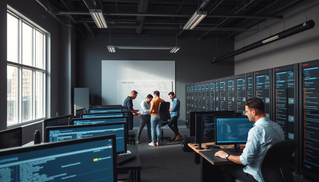 A software testing lab, illuminated by natural light streaming through large windows. In the foreground, developers diligently inspect lines of code, running automated tests and scrutinizing results displayed on sleek monitors. The middle ground features a team huddled around a whiteboard, mapping out testing strategies and addressing edge cases. In the background, servers hum as they run comprehensive integration tests, their status displayed on a bank of status screens. The atmosphere is one of focus and collaboration, as the team works to ensure the software's quality and reliability. A software testing lab, illuminated by natural light streaming through large windows. In the foreground, developers diligently inspect lines of code, running automated tests and scrutinizing results displayed on sleek monitors. The middle ground features a team huddled around a whiteboard, mapping out testing strategies and addressing edge cases. In the background, servers hum as they run comprehensive integration tests, their status displayed on a bank of status screens. The atmosphere is one of focus and collaboration, as the team works to ensure the software's quality and reliability.