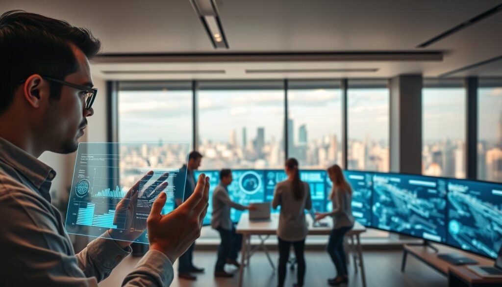 A spacious, well-lit software development studio. In the foreground, a developer intently focused on a holographic user interface, their hands gesturing dynamically as they manipulate complex data visualizations. In the middle ground, a team of developers collaborating around a large interactive touchscreen, brainstorming and iterating on AI-powered development tools. The background features an expansive panoramic window overlooking the bustling city skyline of a North American tech hub, symbolizing the transformative impact of AI in propelling software innovation. Warm, diffused lighting creates an atmosphere of productive creativity and technical mastery. A spacious, well-lit software development studio. In the foreground, a developer intently focused on a holographic user interface, their hands gesturing dynamically as they manipulate complex data visualizations. In the middle ground, a team of developers collaborating around a large interactive touchscreen, brainstorming and iterating on AI-powered development tools. The background features an expansive panoramic window overlooking the bustling city skyline of a North American tech hub, symbolizing the transformative impact of AI in propelling software innovation. Warm, diffused lighting creates an atmosphere of productive creativity and technical mastery.