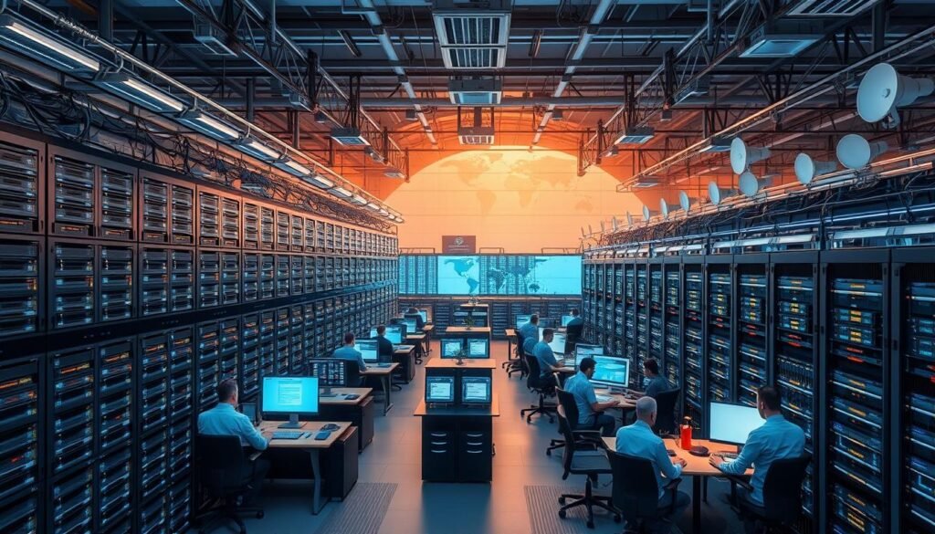 A sprawling IT infrastructure in a state-of-the-art data center, with servers, networks, and cloud platforms seamlessly integrated. In the foreground, workers monitor the system, their faces illuminated by the glow of screens. The middle ground showcases flexible workstations and agile development teams, while the background depicts the global reach of the outsourced IT services, with satellite dishes and world maps. Soft, warm lighting creates a sense of productivity and efficiency, while the composition emphasizes the scalability and adaptability of the outsourced IT solution. A sprawling IT infrastructure in a state-of-the-art data center, with servers, networks, and cloud platforms seamlessly integrated. In the foreground, workers monitor the system, their faces illuminated by the glow of screens. The middle ground showcases flexible workstations and agile development teams, while the background depicts the global reach of the outsourced IT services, with satellite dishes and world maps. Soft, warm lighting creates a sense of productivity and efficiency, while the composition emphasizes the scalability and adaptability of the outsourced IT solution.