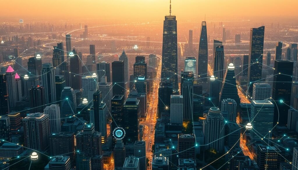 A sprawling cityscape of the future, bathed in a soft, warm glow. In the foreground, a tangle of interconnected devices - smart home appliances, security cameras, and autonomous vehicles - communicating seamlessly. The midground features towering skyscrapers adorned with glowing IoT sensors, their data flowing through the air like digital veins. In the background, a shimmering cloud datacenter looms, its servers humming with the processing power to make sense of the endless stream of information. The overall scene conveys a sense of technological harmony, where the Internet of Things has become the backbone of a thriving, intelligent urban environment. A sprawling cityscape of the future, bathed in a soft, warm glow. In the foreground, a tangle of interconnected devices - smart home appliances, security cameras, and autonomous vehicles - communicating seamlessly. The midground features towering skyscrapers adorned with glowing IoT sensors, their data flowing through the air like digital veins. In the background, a shimmering cloud datacenter looms, its servers humming with the processing power to make sense of the endless stream of information. The overall scene conveys a sense of technological harmony, where the Internet of Things has become the backbone of a thriving, intelligent urban environment.