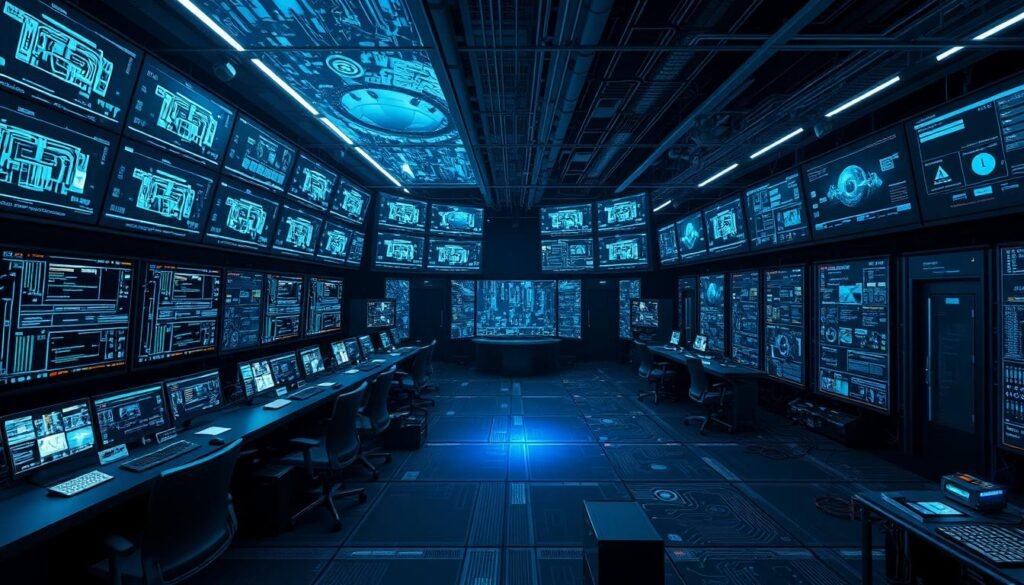 A sprawling cybersecurity command center, with sleek monitor displays showcasing complex data visualizations. Holographic projections cast an ethereal glow, illuminating the dark, futuristic interior. Intricate circuit boards and cables criss-cross the floor, connecting a matrix of servers and security systems. In the foreground, a team of analysts in high-tech uniforms intently monitor the vast network, vigilantly guarding against emerging cyber threats. Powerful search algorithms scour the digital landscape, while AI-driven anomaly detection systems trigger alerts at the first signs of malicious activity. The atmosphere is one of intensity and constant vigilance, as the defenders of the digital realm work tirelessly to safeguard critical infrastructure and sensitive data. A sprawling cybersecurity command center, with sleek monitor displays showcasing complex data visualizations. Holographic projections cast an ethereal glow, illuminating the dark, futuristic interior. Intricate circuit boards and cables criss-cross the floor, connecting a matrix of servers and security systems. In the foreground, a team of analysts in high-tech uniforms intently monitor the vast network, vigilantly guarding against emerging cyber threats. Powerful search algorithms scour the digital landscape, while AI-driven anomaly detection systems trigger alerts at the first signs of malicious activity. The atmosphere is one of intensity and constant vigilance, as the defenders of the digital realm work tirelessly to safeguard critical infrastructure and sensitive data.