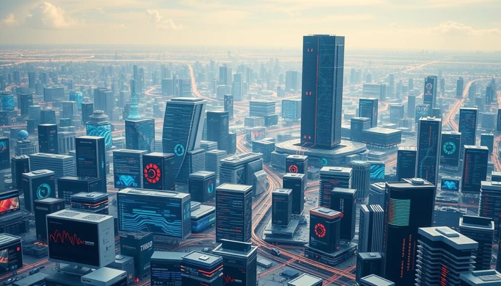 A sprawling, dynamic landscape of modern web development. In the foreground, sleek and responsive web interfaces shimmer with vibrant colors and clean lines, showcasing the latest design trends. In the middle ground, towering monoliths of data centers and cloud infrastructure support the ever-expanding digital realm, their server racks and cooling systems pulsing with electricity. In the distance, a horizon of interconnected devices, from smartphones to IoT sensors, highlighting the seamless integration of the web across the physical and digital worlds. Bathed in a soft, diffused light that lends an air of futuristic elegance, this scene captures the essence of the cutting-edge, technology-driven web landscape of 2025. A sprawling, dynamic landscape of modern web development. In the foreground, sleek and responsive web interfaces shimmer with vibrant colors and clean lines, showcasing the latest design trends. In the middle ground, towering monoliths of data centers and cloud infrastructure support the ever-expanding digital realm, their server racks and cooling systems pulsing with electricity. In the distance, a horizon of interconnected devices, from smartphones to IoT sensors, highlighting the seamless integration of the web across the physical and digital worlds. Bathed in a soft, diffused light that lends an air of futuristic elegance, this scene captures the essence of the cutting-edge, technology-driven web landscape of 2025.
