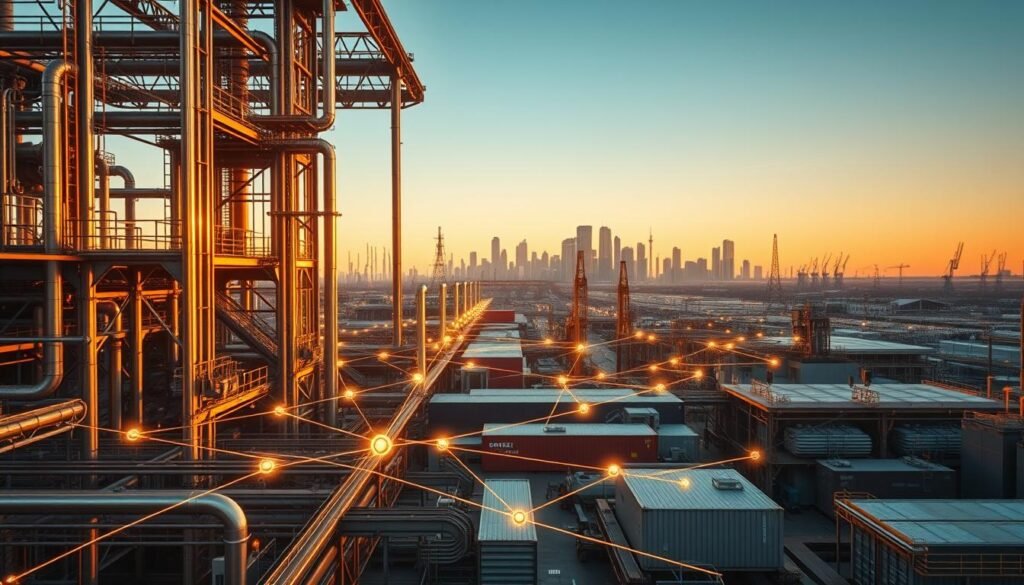 A sprawling industrial complex, its metal structures and machinery gleaming under the soft, warm glow of golden-hour lighting. In the foreground, a network of blockchain nodes intertwines with the factory's conveyor belts and robotic arms, seamlessly integrating digital and physical processes. The middle ground showcases various industry icons - a oil refinery, a shipping container, a manufacturing plant - all connected by a web of glowing blockchain transactions. The background features a cityscape of skyscrapers and communication towers, symbolizing the widespread adoption of this transformative technology across North America's business landscape. A sprawling industrial complex, its metal structures and machinery gleaming under the soft, warm glow of golden-hour lighting. In the foreground, a network of blockchain nodes intertwines with the factory's conveyor belts and robotic arms, seamlessly integrating digital and physical processes. The middle ground showcases various industry icons - a oil refinery, a shipping container, a manufacturing plant - all connected by a web of glowing blockchain transactions. The background features a cityscape of skyscrapers and communication towers, symbolizing the widespread adoption of this transformative technology across North America's business landscape.