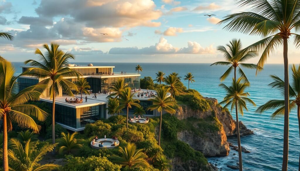 A sprawling offshore development campus nestled atop a picturesque seaside cliff, with modern glass-and-steel buildings jutting out amidst lush tropical foliage. In the foreground, software engineers collaborate at standing desks, lines of code reflected in their focused gazes. Towering palm trees sway gently in the warm coastal breeze, framing the scene. The middle ground features an open-air cafeteria bustling with activity, developers engaged in animated discussions over gourmet meals. In the background, the vast expanse of the ocean stretches out, its azure waters reflecting the golden hues of the setting sun. Overhead, seabirds glide effortlessly, completing the serene, productive atmosphere of this specialized tech hub. A sprawling offshore development campus nestled atop a picturesque seaside cliff, with modern glass-and-steel buildings jutting out amidst lush tropical foliage. In the foreground, software engineers collaborate at standing desks, lines of code reflected in their focused gazes. Towering palm trees sway gently in the warm coastal breeze, framing the scene. The middle ground features an open-air cafeteria bustling with activity, developers engaged in animated discussions over gourmet meals. In the background, the vast expanse of the ocean stretches out, its azure waters reflecting the golden hues of the setting sun. Overhead, seabirds glide effortlessly, completing the serene, productive atmosphere of this specialized tech hub.