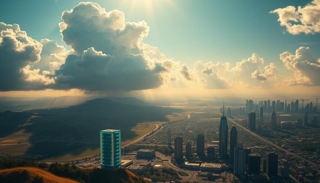A sprawling, sunlit landscape of North America, with billowing clouds casting dynamic shadows across rolling hills and bustling cityscapes. In the foreground, a glowing, futuristic data center stands as a symbol of the region's thriving cloud migration. The middle ground features a network of interconnected servers and cables, representing the advanced infrastructure powering the cloud revolution. In the background, a mix of modern skyscrapers and traditional architecture blends, reflecting the seamless integration of new and old technologies. The scene is bathed in a warm, golden light, conveying a sense of progress, innovation, and endless possibilities in the North American cloud computing landscape. A sprawling, sunlit landscape of North America, with billowing clouds casting dynamic shadows across rolling hills and bustling cityscapes. In the foreground, a glowing, futuristic data center stands as a symbol of the region's thriving cloud migration. The middle ground features a network of interconnected servers and cables, representing the advanced infrastructure powering the cloud revolution. In the background, a mix of modern skyscrapers and traditional architecture blends, reflecting the seamless integration of new and old technologies. The scene is bathed in a warm, golden light, conveying a sense of progress, innovation, and endless possibilities in the North American cloud computing landscape.