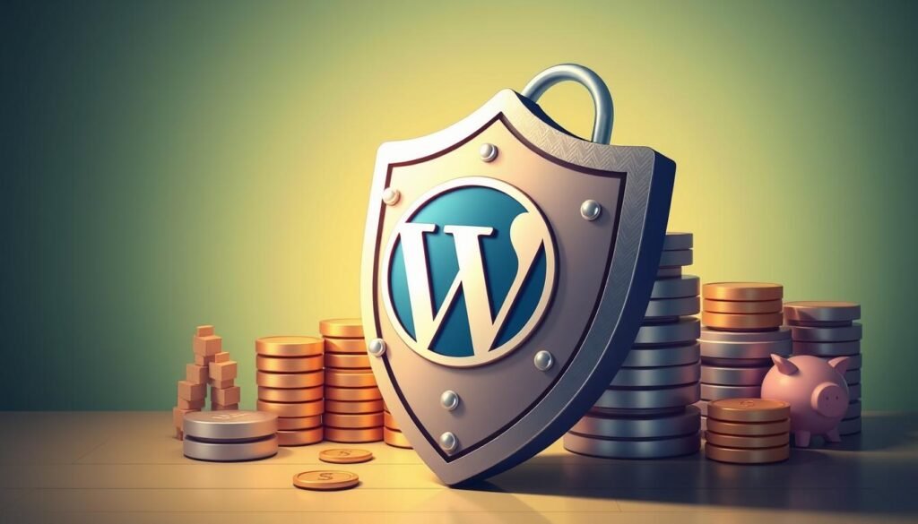A stylized illustration of a WordPress website being protected by a secure shield, set against a backdrop of financial savings. The foreground features a WordPress logo encased in a sturdy, metallic security shield, with intricately detailed lock mechanisms and security elements. The middle ground showcases a stack of coins, piggy banks, and other budgetary symbols, indicating the cost-effective nature of the security measures. The background features a subtle gradient of greens and blues, conveying a sense of tranquility and reliability. The lighting is soft and warm, creating a sense of safety and reassurance. The overall composition and style evoke a professional, yet accessible approach to WordPress security on a budget.