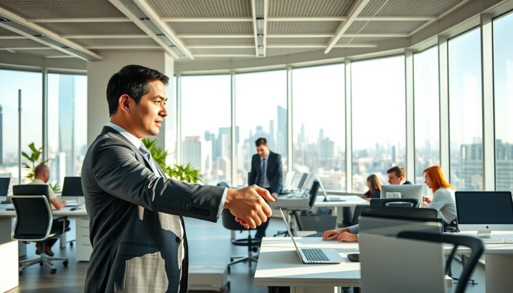 A sunny office interior, with an open-plan layout and comfortable workstations. In the foreground, two business people in formal attire shake hands, signifying a successful IT outsourcing partnership. In the middle ground, a team of software developers collaborates on laptops, their faces focused and determined. The background features large windows overlooking a bustling city skyline, conveying a sense of urban energy and opportunity. Soft, directional lighting illuminates the scene, creating a warm and professional atmosphere. The overall composition suggests the benefits of IT outsourcing for SMEs - increased efficiency, access to specialized expertise, and a thriving business environment. A sunny office interior, with an open-plan layout and comfortable workstations. In the foreground, two business people in formal attire shake hands, signifying a successful IT outsourcing partnership. In the middle ground, a team of software developers collaborates on laptops, their faces focused and determined. The background features large windows overlooking a bustling city skyline, conveying a sense of urban energy and opportunity. Soft, directional lighting illuminates the scene, creating a warm and professional atmosphere. The overall composition suggests the benefits of IT outsourcing for SMEs - increased efficiency, access to specialized expertise, and a thriving business environment.