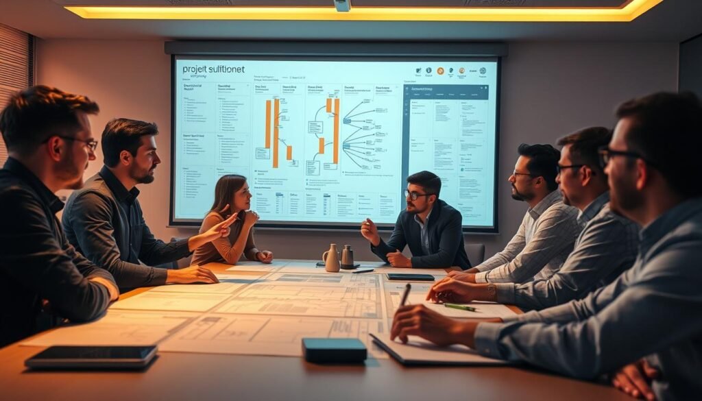 A team of IT professionals gathered around a large table, planning and discussing a complex project management diagram projected on the wall. The scene is illuminated by warm, directional lighting, creating a focused, collaborative atmosphere. Detailed Gantt charts, network diagrams, and Kanban boards are visible, reflecting the intricate nature of the project. The team members are engaged in lively discussions, gesturing towards the visuals and sharing insights. The overall mood conveys a sense of strategic planning, problem-solving, and a shared commitment to the successful delivery of the IT solution. A team of IT professionals gathered around a large table, planning and discussing a complex project management diagram projected on the wall. The scene is illuminated by warm, directional lighting, creating a focused, collaborative atmosphere. Detailed Gantt charts, network diagrams, and Kanban boards are visible, reflecting the intricate nature of the project. The team members are engaged in lively discussions, gesturing towards the visuals and sharing insights. The overall mood conveys a sense of strategic planning, problem-solving, and a shared commitment to the successful delivery of the IT solution.