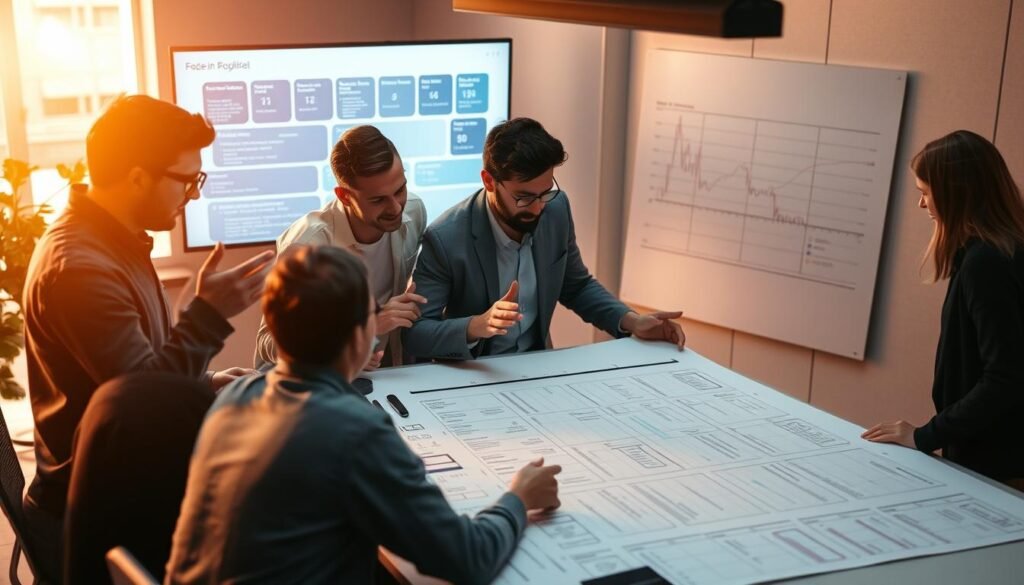 A team of IT professionals gathered around a table, meticulously planning an upcoming project. The scene is bathed in warm, soft lighting, creating an atmosphere of focused collaboration. In the foreground, team members pore over detailed schematics and timelines, gesturing animatedly as they discuss potential challenges and solutions. The middle ground features a large, interactive whiteboard displaying a comprehensive project roadmap, complete with milestones and interdependencies. In the background, a wall-mounted display showcases real-time project metrics and KPIs, allowing the team to track progress and identify areas for optimization. The overall mood is one of purposeful concentration, as the team works together to ensure the successful implementation of the IT project. A team of IT professionals gathered around a table, meticulously planning an upcoming project. The scene is bathed in warm, soft lighting, creating an atmosphere of focused collaboration. In the foreground, team members pore over detailed schematics and timelines, gesturing animatedly as they discuss potential challenges and solutions. The middle ground features a large, interactive whiteboard displaying a comprehensive project roadmap, complete with milestones and interdependencies. In the background, a wall-mounted display showcases real-time project metrics and KPIs, allowing the team to track progress and identify areas for optimization. The overall mood is one of purposeful concentration, as the team works together to ensure the successful implementation of the IT project.