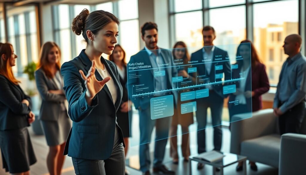 A team of data analysts and project managers gathered around a holographic display, collaborating on a complex project timeline. In the foreground, a woman in a business suit gestures towards a 3D visualization of project milestones, her movements seamlessly translated into digital updates. The background features a modern office setting with floor-to-ceiling windows, bathed in warm, natural lighting. Sleek, minimalist furniture and technological interfaces suggest an efficient, AI-powered work environment, where the integration of artificial intelligence streamlines the project management process. A team of data analysts and project managers gathered around a holographic display, collaborating on a complex project timeline. In the foreground, a woman in a business suit gestures towards a 3D visualization of project milestones, her movements seamlessly translated into digital updates. The background features a modern office setting with floor-to-ceiling windows, bathed in warm, natural lighting. Sleek, minimalist furniture and technological interfaces suggest an efficient, AI-powered work environment, where the integration of artificial intelligence streamlines the project management process.