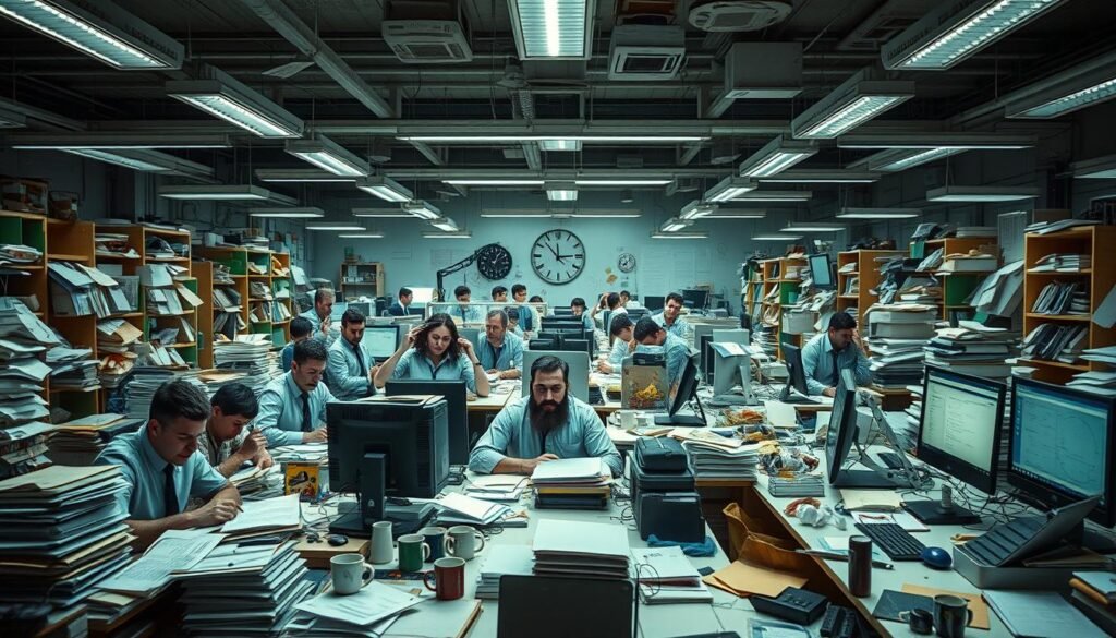 A vast, cluttered office space, illuminated by the harsh glare of fluorescent lights. Frantic employees, shoulders hunched, faces etched with exhaustion, scramble to meet an impossible deadline. Stacks of documents, coffee mugs, and half-eaten snacks litter the desks, creating an atmosphere of disorganized chaos. In the corner, a lone developer, hunched over a computer screen, typing furiously, oblivious to the world around them. The air is thick with tension, the ticking of the clock the only audible sound, a constant reminder of the relentless march of time. A visual metaphor for the unrealistic demands and pressures faced by IT professionals in the pursuit of project completion. A vast, cluttered office space, illuminated by the harsh glare of fluorescent lights. Frantic employees, shoulders hunched, faces etched with exhaustion, scramble to meet an impossible deadline. Stacks of documents, coffee mugs, and half-eaten snacks litter the desks, creating an atmosphere of disorganized chaos. In the corner, a lone developer, hunched over a computer screen, typing furiously, oblivious to the world around them. The air is thick with tension, the ticking of the clock the only audible sound, a constant reminder of the relentless march of time. A visual metaphor for the unrealistic demands and pressures faced by IT professionals in the pursuit of project completion.