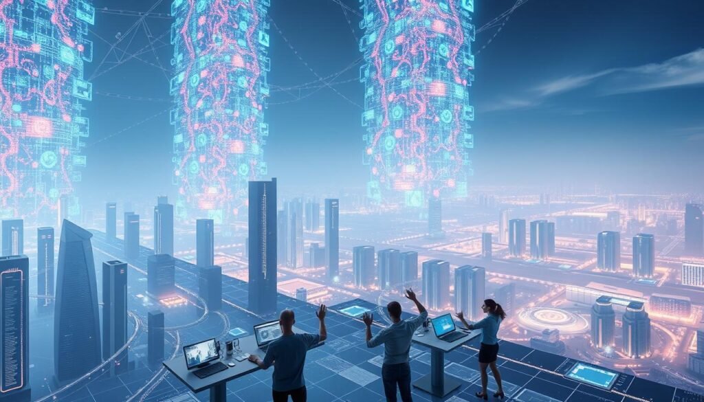 A vast, futuristic coding landscape with towering, translucent language models soaring overhead, their neural networks pulsing with energy. In the foreground, a team of developers collaborates at sleek, holographic workstations, their hands dancing across projected interfaces as they leverage the models' immense processing power and natural language understanding. The background is a panorama of gleaming skyscrapers and sprawling data centers, all bathed in a soft, cool-toned lighting that evokes the precision and innovation of the digital realm. The scene conveys the seamless integration of advanced AI and human ingenuity, transforming the future of software development. A vast, futuristic coding landscape with towering, translucent language models soaring overhead, their neural networks pulsing with energy. In the foreground, a team of developers collaborates at sleek, holographic workstations, their hands dancing across projected interfaces as they leverage the models' immense processing power and natural language understanding. The background is a panorama of gleaming skyscrapers and sprawling data centers, all bathed in a soft, cool-toned lighting that evokes the precision and innovation of the digital realm. The scene conveys the seamless integration of advanced AI and human ingenuity, transforming the future of software development.