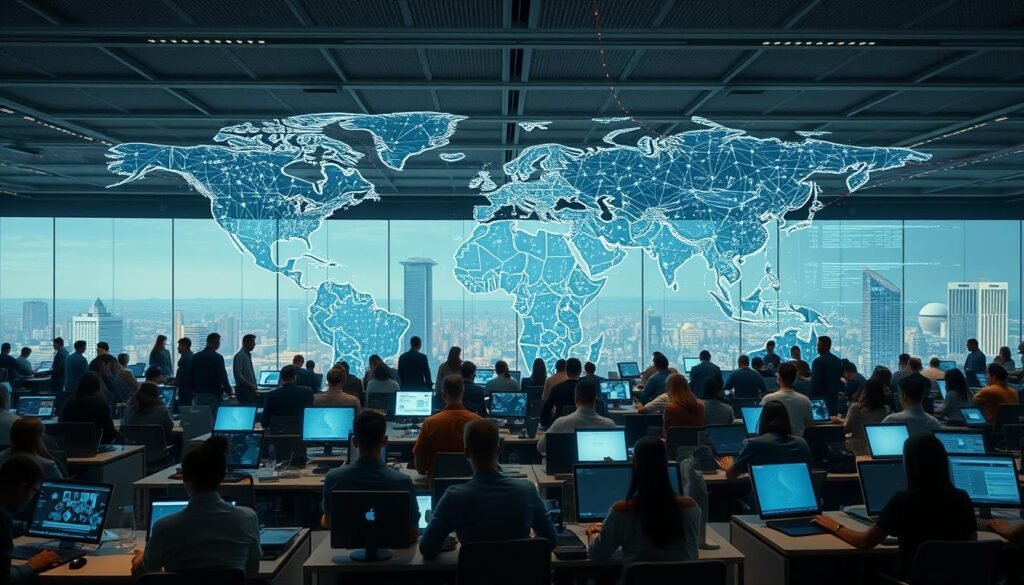 A vast, interconnected network of global talent pools, teeming with skilled software engineers, designers, and data analysts. In the foreground, a diverse group of individuals collaborating on laptops, surrounded by data visualization screens and holographic project displays. The middle ground features futuristic office spaces with panoramic views, showcasing the international nature of modern software development. In the background, a world map pulses with data flows, highlighting the seamless integration of remote teams across continents. Soft, diffused lighting creates a sense of openness and innovation, while a cinematic camera angle emphasizes the scale and complexity of this global talent ecosystem. A vast, interconnected network of global talent pools, teeming with skilled software engineers, designers, and data analysts. In the foreground, a diverse group of individuals collaborating on laptops, surrounded by data visualization screens and holographic project displays. The middle ground features futuristic office spaces with panoramic views, showcasing the international nature of modern software development. In the background, a world map pulses with data flows, highlighting the seamless integration of remote teams across continents. Soft, diffused lighting creates a sense of openness and innovation, while a cinematic camera angle emphasizes the scale and complexity of this global talent ecosystem.