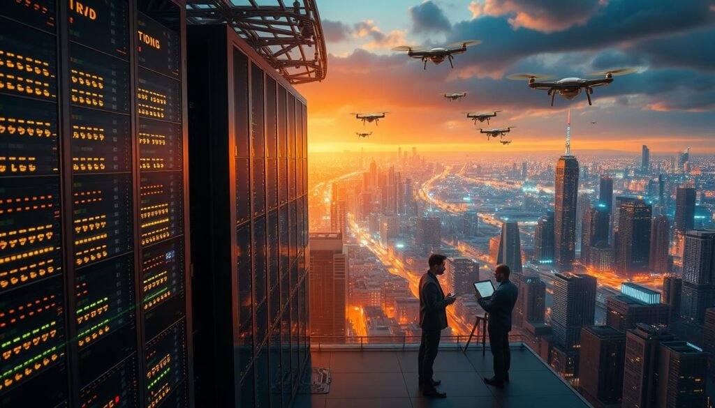 A vast, technologically advanced cityscape, bathed in a warm, futuristic glow. In the foreground, a towering data center, its sleek, metallic exterior housing rows of servers and blinking LED lights. In the middle ground, a team of data scientists and engineers, their faces illuminated by the glow of holographic displays, analyzing complex algorithms and neural networks. In the background, a panoramic view of the city, skyscrapers adorned with glowing panels and drones crisscrossing the sky, all powered by the latest advancements in machine learning and artificial intelligence. The scene conveys a sense of awe and wonder at the transformative power of technology, while also hinting at the complex challenges and opportunities that lie ahead for the future of IT development. A vast, technologically advanced cityscape, bathed in a warm, futuristic glow. In the foreground, a towering data center, its sleek, metallic exterior housing rows of servers and blinking LED lights. In the middle ground, a team of data scientists and engineers, their faces illuminated by the glow of holographic displays, analyzing complex algorithms and neural networks. In the background, a panoramic view of the city, skyscrapers adorned with glowing panels and drones crisscrossing the sky, all powered by the latest advancements in machine learning and artificial intelligence. The scene conveys a sense of awe and wonder at the transformative power of technology, while also hinting at the complex challenges and opportunities that lie ahead for the future of IT development.