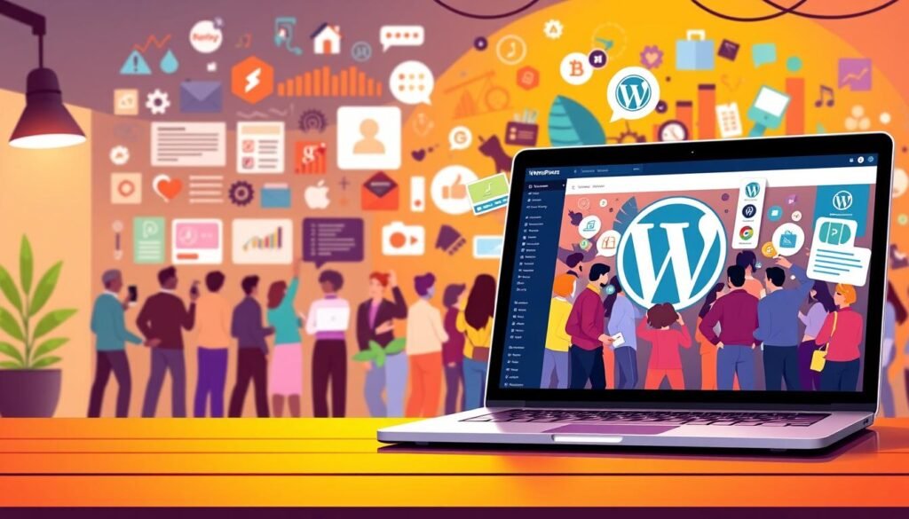 A vibrant and colorful illustration depicting the powerful WordPress ecosystem for business websites. In the foreground, a sleek laptop displays the WordPress admin dashboard, showcasing its user-friendly interface and robust functionality. In the middle ground, a diverse community of developers, designers, and WordPress enthusiasts gather, collaborating and sharing their expertise. The background features a dynamic array of WordPress-related resources, such as tutorials, plugins, and themes, symbolizing the depth and breadth of the platform's support network. Warm lighting casts a welcoming glow, capturing the spirit of the strong WordPress community that empowers businesses to thrive online.