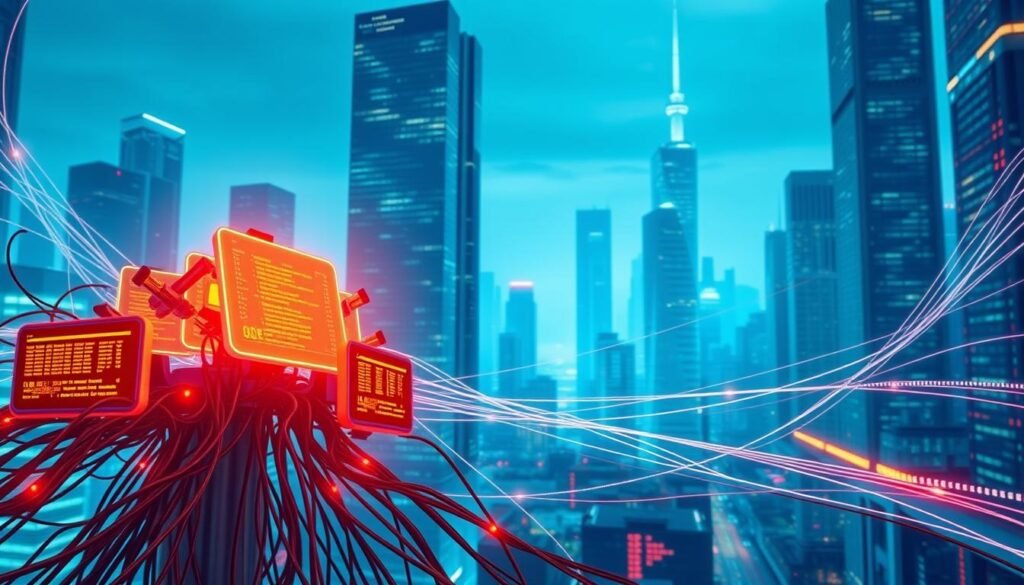 A vibrant and dynamic scene depicting the latest trends in code automation. In the foreground, a cluster of advanced AI-powered coding tools and assistants, their interfaces glowing with a warm, futuristic light. In the middle ground, lines of code flow and converge, interlacing with the tools and forming a mesh of seamless automation. The background showcases a cityscape of towering skyscrapers, their facades adorned with sleek, minimalist designs that hint at the efficiency and innovation driving the software development industry. The scene is bathed in a cool, futuristic palette, conveying a sense of cutting-edge technology and rapid progress in the world of AI-driven code automation. A vibrant and dynamic scene depicting the latest trends in code automation. In the foreground, a cluster of advanced AI-powered coding tools and assistants, their interfaces glowing with a warm, futuristic light. In the middle ground, lines of code flow and converge, interlacing with the tools and forming a mesh of seamless automation. The background showcases a cityscape of towering skyscrapers, their facades adorned with sleek, minimalist designs that hint at the efficiency and innovation driving the software development industry. The scene is bathed in a cool, futuristic palette, conveying a sense of cutting-edge technology and rapid progress in the world of AI-driven code automation.