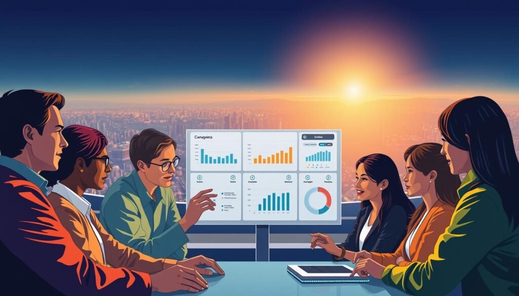 A vibrant, contemporary illustration of client engagement solutions. In the foreground, a group of diverse professionals collaborate on a digital dashboard, their expressions focused and engaged. The middle ground features a sleek, minimalist interface with intuitive controls and analytics visualizations. In the background, a panoramic cityscape bathed in warm, diffused lighting, symbolizing the connected, urban landscape of modern business. The overall composition conveys a sense of efficiency, teamwork, and technological savvy, reflecting the dynamic nature of client engagement in the mobile app development industry. A vibrant, contemporary illustration of client engagement solutions. In the foreground, a group of diverse professionals collaborate on a digital dashboard, their expressions focused and engaged. The middle ground features a sleek, minimalist interface with intuitive controls and analytics visualizations. In the background, a panoramic cityscape bathed in warm, diffused lighting, symbolizing the connected, urban landscape of modern business. The overall composition conveys a sense of efficiency, teamwork, and technological savvy, reflecting the dynamic nature of client engagement in the mobile app development industry.