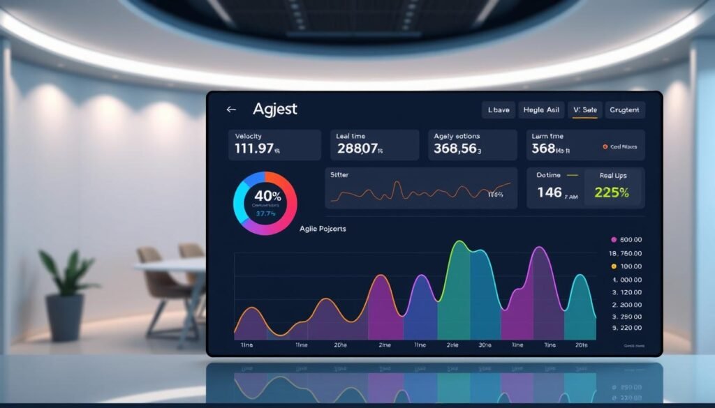 A vibrant digital dashboard displaying real-time Agile project metrics, including velocity, burndown, and lead time. The foreground shows a stylized graph with dynamic data visualizations, while the background features a minimalist, futuristic office setting with clean lines, muted colors, and subtle lighting. The overall mood is one of efficiency, progress, and data-driven decision-making, reflecting the principles of Agile project management. A vibrant digital dashboard displaying real-time Agile project metrics, including velocity, burndown, and lead time. The foreground shows a stylized graph with dynamic data visualizations, while the background features a minimalist, futuristic office setting with clean lines, muted colors, and subtle lighting. The overall mood is one of efficiency, progress, and data-driven decision-making, reflecting the principles of Agile project management.