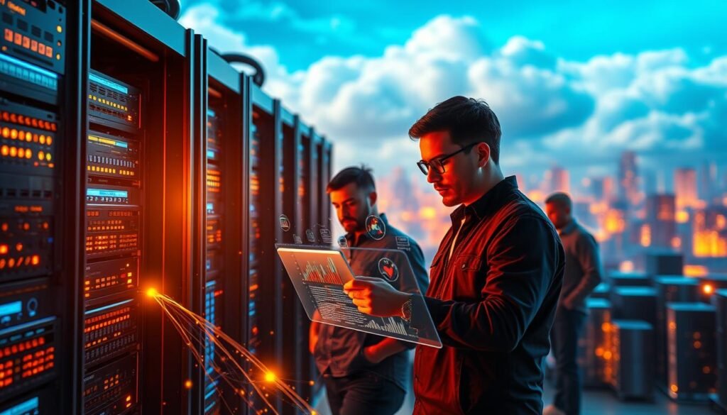 A vibrant digital landscape showcasing the optimization of application performance. In the foreground, a sleek server rack with glowing components, surrounded by cascading data streams and lines of code. In the middle ground, a team of developers meticulously analyzing performance metrics on a holographic display, their expressions focused and determined. The background features a vast, cloud-like network of interconnected systems, pulsing with energy and efficiency. Warm lighting casts a soft glow, emphasizing the seamless integration of hardware and software. The overall atmosphere conveys the power and precision of optimized application performance, a crucial element for thriving in the cloud-driven business landscape. A vibrant digital landscape showcasing the optimization of application performance. In the foreground, a sleek server rack with glowing components, surrounded by cascading data streams and lines of code. In the middle ground, a team of developers meticulously analyzing performance metrics on a holographic display, their expressions focused and determined. The background features a vast, cloud-like network of interconnected systems, pulsing with energy and efficiency. Warm lighting casts a soft glow, emphasizing the seamless integration of hardware and software. The overall atmosphere conveys the power and precision of optimized application performance, a crucial element for thriving in the cloud-driven business landscape.