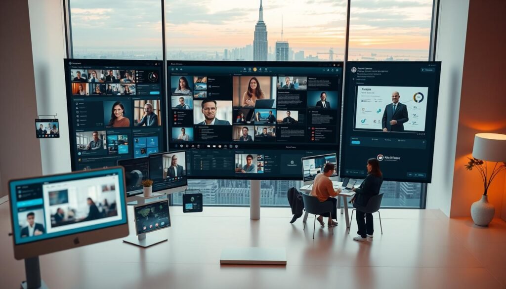 A vibrant digital workspace with seamlessly integrated virtual collaboration tools. In the foreground, various interactive interfaces and intuitive software panels float in a sleek, minimalist environment. The middle ground features teams of professionals collaboratively engaging through high-definition video conferencing, real-time document editing, and project management dashboards. The background depicts a dynamic cityscape, symbolizing the global reach and flexibility of remote work. Warm, indirect lighting casts a sense of productivity and connection, while a slightly cinematic camera angle conveys a sense of professionalism and technological advancement. A vibrant digital workspace with seamlessly integrated virtual collaboration tools. In the foreground, various interactive interfaces and intuitive software panels float in a sleek, minimalist environment. The middle ground features teams of professionals collaboratively engaging through high-definition video conferencing, real-time document editing, and project management dashboards. The background depicts a dynamic cityscape, symbolizing the global reach and flexibility of remote work. Warm, indirect lighting casts a sense of productivity and connection, while a slightly cinematic camera angle conveys a sense of professionalism and technological advancement.