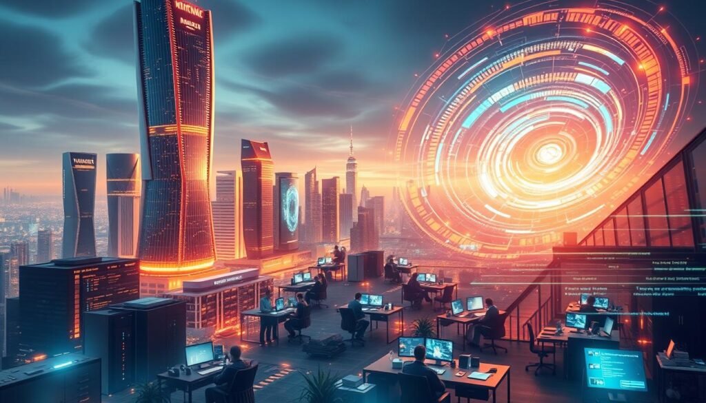 A vibrant, dynamic landscape of software development, where the future unfolds. In the foreground, a towering, futuristic cityscape with gleaming skyscrapers, their facades adorned with flickering data visualizations. In the middle ground, teams of developers collaborating in open-plan offices, surrounded by holographic displays and advanced hardware. In the background, a swirling vortex of emerging technologies - AI, cloud computing, DevOps, and more - shaping the very fabric of the digital world. Ambient lighting casts a warm, futuristic glow, while a sense of momentum and progress permeates the scene. This is the changing software development landscape, a canvas of innovation and transformation. A vibrant, dynamic landscape of software development, where the future unfolds. In the foreground, a towering, futuristic cityscape with gleaming skyscrapers, their facades adorned with flickering data visualizations. In the middle ground, teams of developers collaborating in open-plan offices, surrounded by holographic displays and advanced hardware. In the background, a swirling vortex of emerging technologies - AI, cloud computing, DevOps, and more - shaping the very fabric of the digital world. Ambient lighting casts a warm, futuristic glow, while a sense of momentum and progress permeates the scene. This is the changing software development landscape, a canvas of innovation and transformation.