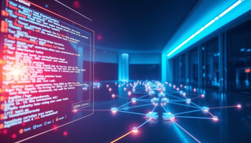 A vibrant, futuristic scene depicting the automation of smart contracts. In the foreground, a glowing holographic interface displays lines of code, smart contract terms, and transaction details. In the middle ground, a network of interconnected nodes representing a decentralized ledger, with data flowing seamlessly between them. In the background, a sleek, minimalist architectural landscape bathed in cool, blue-tinted lighting, symbolizing the efficient, secure, and transparent nature of blockchain-powered business operations. The overall mood is one of technological sophistication, innovation, and the seamless integration of smart contract automation into the modern enterprise. A vibrant, futuristic scene depicting the automation of smart contracts. In the foreground, a glowing holographic interface displays lines of code, smart contract terms, and transaction details. In the middle ground, a network of interconnected nodes representing a decentralized ledger, with data flowing seamlessly between them. In the background, a sleek, minimalist architectural landscape bathed in cool, blue-tinted lighting, symbolizing the efficient, secure, and transparent nature of blockchain-powered business operations. The overall mood is one of technological sophistication, innovation, and the seamless integration of smart contract automation into the modern enterprise.