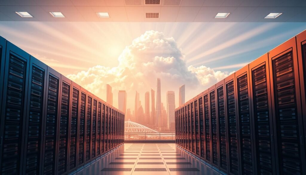 A vibrant, hyperrealistic scene of a modern cloud computing data center. In the foreground, sleek racks of servers and cooling towers, bathed in a soft, warm lighting. The middle ground features a towering cloud formation, rendered in intricate detail, with rays of sunlight filtering through. In the background, a cityscape of gleaming skyscrapers and futuristic architecture, suggesting the integration of cloud technology into the urban landscape. The overall mood is one of technological sophistication, efficiency, and progress, capturing the essence of cloud-based IT solutions powering the business world. A vibrant, hyperrealistic scene of a modern cloud computing data center. In the foreground, sleek racks of servers and cooling towers, bathed in a soft, warm lighting. The middle ground features a towering cloud formation, rendered in intricate detail, with rays of sunlight filtering through. In the background, a cityscape of gleaming skyscrapers and futuristic architecture, suggesting the integration of cloud technology into the urban landscape. The overall mood is one of technological sophistication, efficiency, and progress, capturing the essence of cloud-based IT solutions powering the business world.