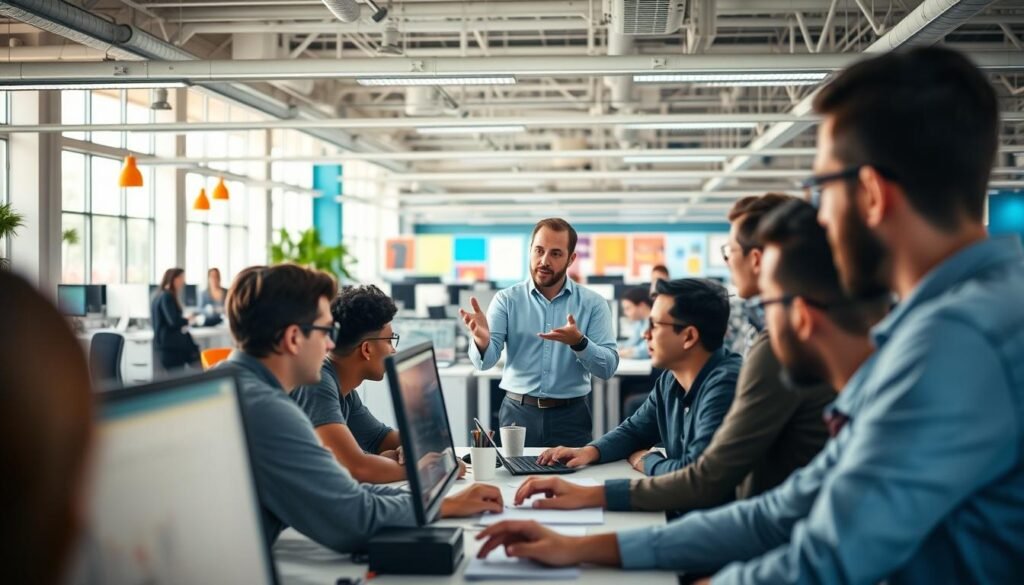 A vibrant office setting, with professionals engaged in collaborative IT development. In the foreground, a team of developers huddled around a table, their faces lit by the glow of computer screens. In the middle ground, a product manager presents a design concept to an attentive group, gesturing with enthusiasm. The background reveals a bustling open-plan workspace, complete with sleek workstations, colorful decor, and large windows that flood the space with natural light. The atmosphere is one of focus, innovation, and a shared commitment to delivering exceptional customer experiences. A vibrant office setting, with professionals engaged in collaborative IT development. In the foreground, a team of developers huddled around a table, their faces lit by the glow of computer screens. In the middle ground, a product manager presents a design concept to an attentive group, gesturing with enthusiasm. The background reveals a bustling open-plan workspace, complete with sleek workstations, colorful decor, and large windows that flood the space with natural light. The atmosphere is one of focus, innovation, and a shared commitment to delivering exceptional customer experiences.