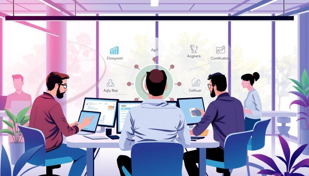 A vibrant, realistic illustration of Agile software development practices. In the foreground, a team of developers collaborating on a project, using Agile techniques like Scrum boards, daily standups, and pair programming. In the middle ground, visualizations of Agile principles such as iterative development, continuous integration, and customer collaboration. In the background, a sleek, modern office environment with large windows, natural lighting, and minimalist decor, conveying a sense of flexibility and adaptability. The overall scene should exude a dynamic, fast-paced, and productive atmosphere, reflecting the efficiency and responsiveness of the Agile approach. A vibrant, realistic illustration of Agile software development practices. In the foreground, a team of developers collaborating on a project, using Agile techniques like Scrum boards, daily standups, and pair programming. In the middle ground, visualizations of Agile principles such as iterative development, continuous integration, and customer collaboration. In the background, a sleek, modern office environment with large windows, natural lighting, and minimalist decor, conveying a sense of flexibility and adaptability. The overall scene should exude a dynamic, fast-paced, and productive atmosphere, reflecting the efficiency and responsiveness of the Agile approach.