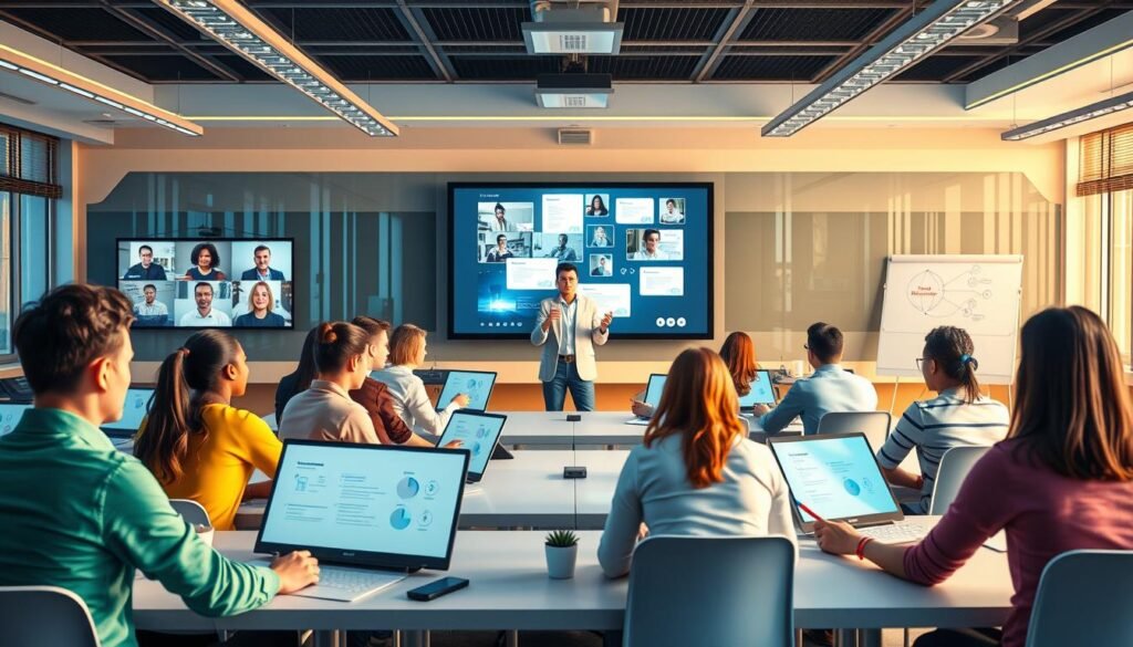 A vibrant virtual classroom scene, with students and teachers engaged in an e-learning experience. The foreground showcases a diverse group of students, some interacting via video conferencing software, others annotating shared documents on digital whiteboards. The middle ground features a teacher delivering an engaging lecture, their image projected onto a large screen behind them. The background depicts a modern, tech-infused learning environment, with sleek desks, ambient lighting, and cutting-edge educational technology. The scene conveys a sense of dynamism, collaboration, and the transformative power of technology in the education sector. Rendered in a clean, photorealistic style with a warm, inviting color palette.
