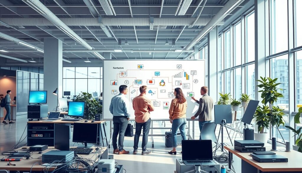 A vibrant, visually-striking illustration of "IT Development Needs Assessment" featuring a central focus on a modern office workspace. In the foreground, a team of professionals gathered around a large whiteboard, actively discussing and diagramming their technology requirements. The middle ground showcases an array of digital devices, cables, and equipment, symbolizing the technical nature of the assessment process. The background depicts a sleek, contemporary office environment with expansive windows allowing natural light to filter in, creating a bright and productive atmosphere. The scene is captured with a wide-angle lens, emphasizing the collaborative and comprehensive nature of the IT development needs analysis. A vibrant, visually-striking illustration of "IT Development Needs Assessment" featuring a central focus on a modern office workspace. In the foreground, a team of professionals gathered around a large whiteboard, actively discussing and diagramming their technology requirements. The middle ground showcases an array of digital devices, cables, and equipment, symbolizing the technical nature of the assessment process. The background depicts a sleek, contemporary office environment with expansive windows allowing natural light to filter in, creating a bright and productive atmosphere. The scene is captured with a wide-angle lens, emphasizing the collaborative and comprehensive nature of the IT development needs analysis.