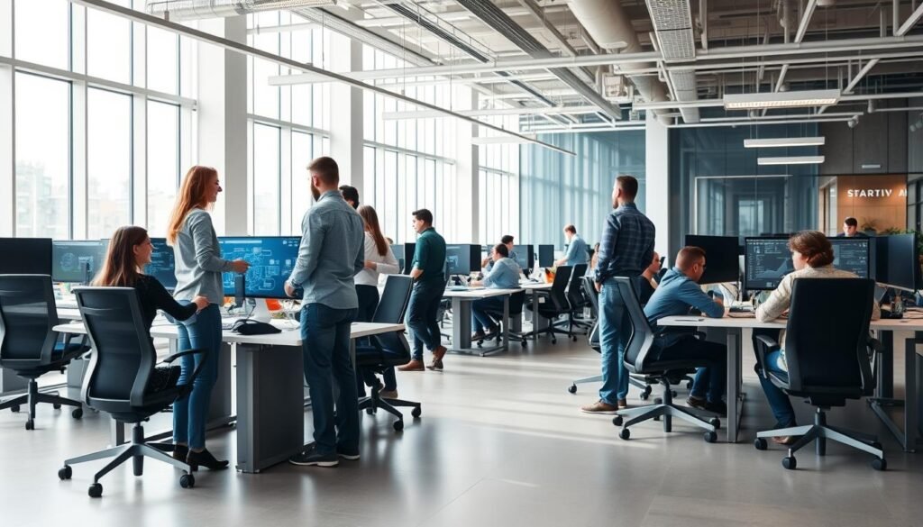 A vibrant, well-lit office interior showcases a team of startup IT professionals collaborating on various digital projects. In the foreground, a group of enthusiastic individuals gather around a large touchscreen display, animatedly discussing technical solutions. The middle ground features several workstations with modern, minimalist desks and ergonomic chairs, where developers and engineers are intently focused on their screens. The background reveals floor-to-ceiling windows, allowing natural light to flood the space and creating a sense of openness and innovation. The overall atmosphere is one of energy, productivity, and a shared sense of purpose as the team works towards the success of their startup clients. A vibrant, well-lit office interior showcases a team of startup IT professionals collaborating on various digital projects. In the foreground, a group of enthusiastic individuals gather around a large touchscreen display, animatedly discussing technical solutions. The middle ground features several workstations with modern, minimalist desks and ergonomic chairs, where developers and engineers are intently focused on their screens. The background reveals floor-to-ceiling windows, allowing natural light to flood the space and creating a sense of openness and innovation. The overall atmosphere is one of energy, productivity, and a shared sense of purpose as the team works towards the success of their startup clients.