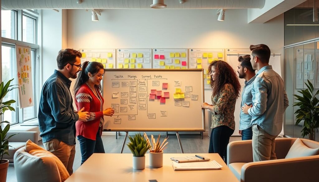 A vibrant workspace showcasing the principles of agile project management. In the foreground, a diverse team collaborates enthusiastically around a whiteboard, brainstorming ideas and mapping out their workflow. Warm lighting illuminates their faces, conveying a sense of focus and productivity. In the middle ground, scrum boards and sticky notes cover the walls, providing visual cues for task tracking and progress. The background features sleek, minimalist furniture and large windows, creating an airy, modern atmosphere that encourages creative thinking. The scene captures the dynamic, iterative nature of agile methodologies, where continuous feedback and adaptation drive successful product development. A vibrant workspace showcasing the principles of agile project management. In the foreground, a diverse team collaborates enthusiastically around a whiteboard, brainstorming ideas and mapping out their workflow. Warm lighting illuminates their faces, conveying a sense of focus and productivity. In the middle ground, scrum boards and sticky notes cover the walls, providing visual cues for task tracking and progress. The background features sleek, minimalist furniture and large windows, creating an airy, modern atmosphere that encourages creative thinking. The scene captures the dynamic, iterative nature of agile methodologies, where continuous feedback and adaptation drive successful product development.