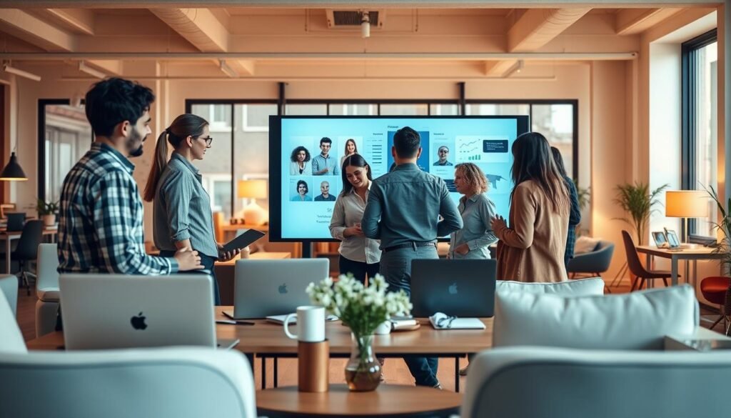 A vibrant workspace with a team collaborating on digital tools. In the foreground, a group of professionals gathered around a large touchscreen display, engaged in lively discussion. Laptop computers, notebooks, and coffee mugs create a sense of productive momentum. The middle ground features modern, minimalist office furniture and decor, with a focus on functionality and ergonomics. In the background, large windows allow natural light to flood the space, complementing the warm, neutral color palette. Soft, diffused lighting casts a warm glow, fostering a welcoming, creative atmosphere. The overall scene conveys a sense of shared purpose, effective teamwork, and the seamless integration of technology to enhance communication and collaboration. A vibrant workspace with a team collaborating on digital tools. In the foreground, a group of professionals gathered around a large touchscreen display, engaged in lively discussion. Laptop computers, notebooks, and coffee mugs create a sense of productive momentum. The middle ground features modern, minimalist office furniture and decor, with a focus on functionality and ergonomics. In the background, large windows allow natural light to flood the space, complementing the warm, neutral color palette. Soft, diffused lighting casts a warm glow, fostering a welcoming, creative atmosphere. The overall scene conveys a sense of shared purpose, effective teamwork, and the seamless integration of technology to enhance communication and collaboration.